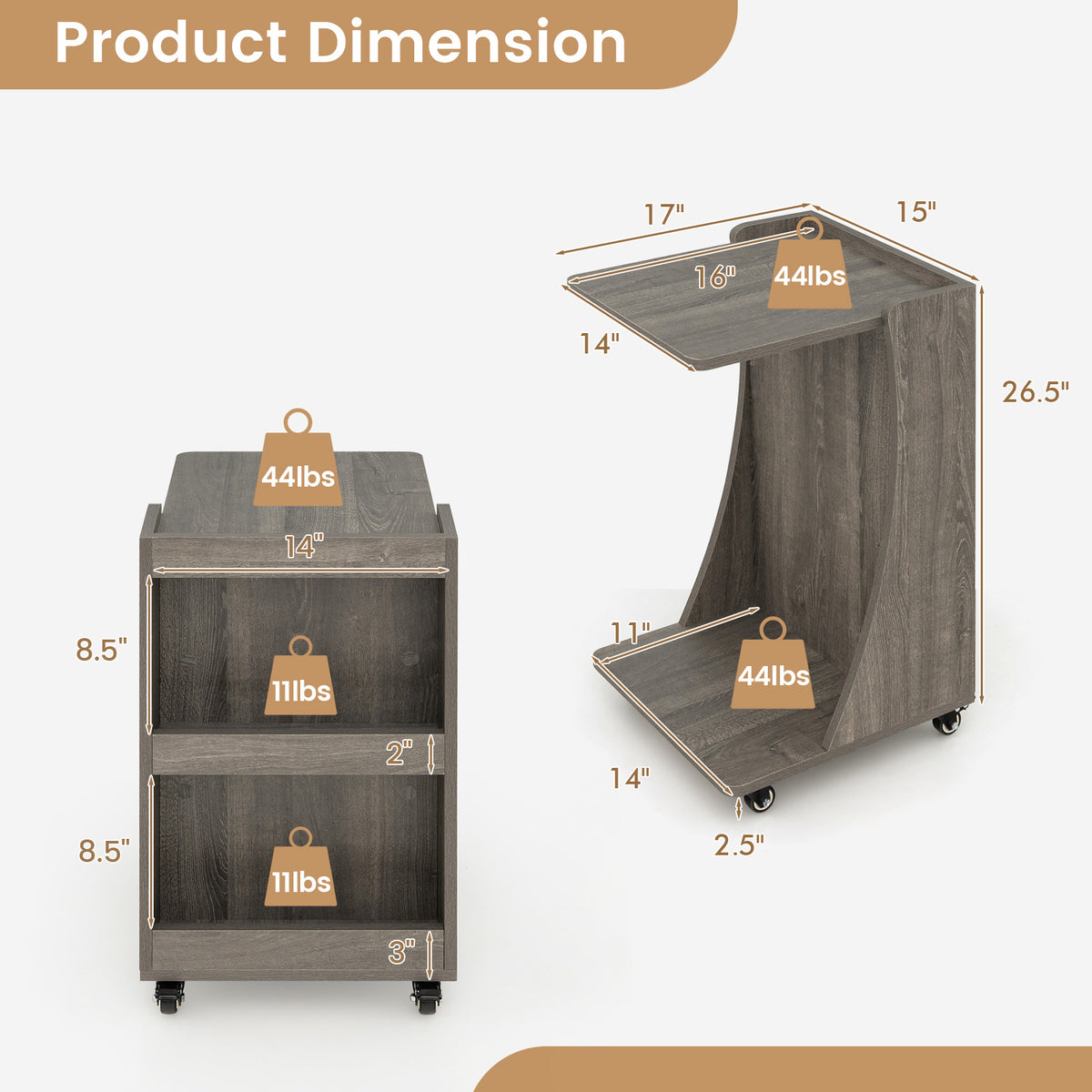 C-shaped Rolling End Side with Back Storage Shelves beside Sofa-Gray-End & Side Tables-DECOROLALA