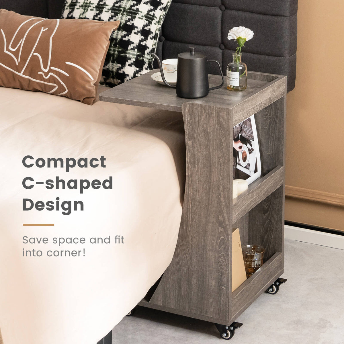 C-shaped Rolling End Side with Back Storage Shelves beside Sofa-Gray-End & Side Tables-DECOROLALA