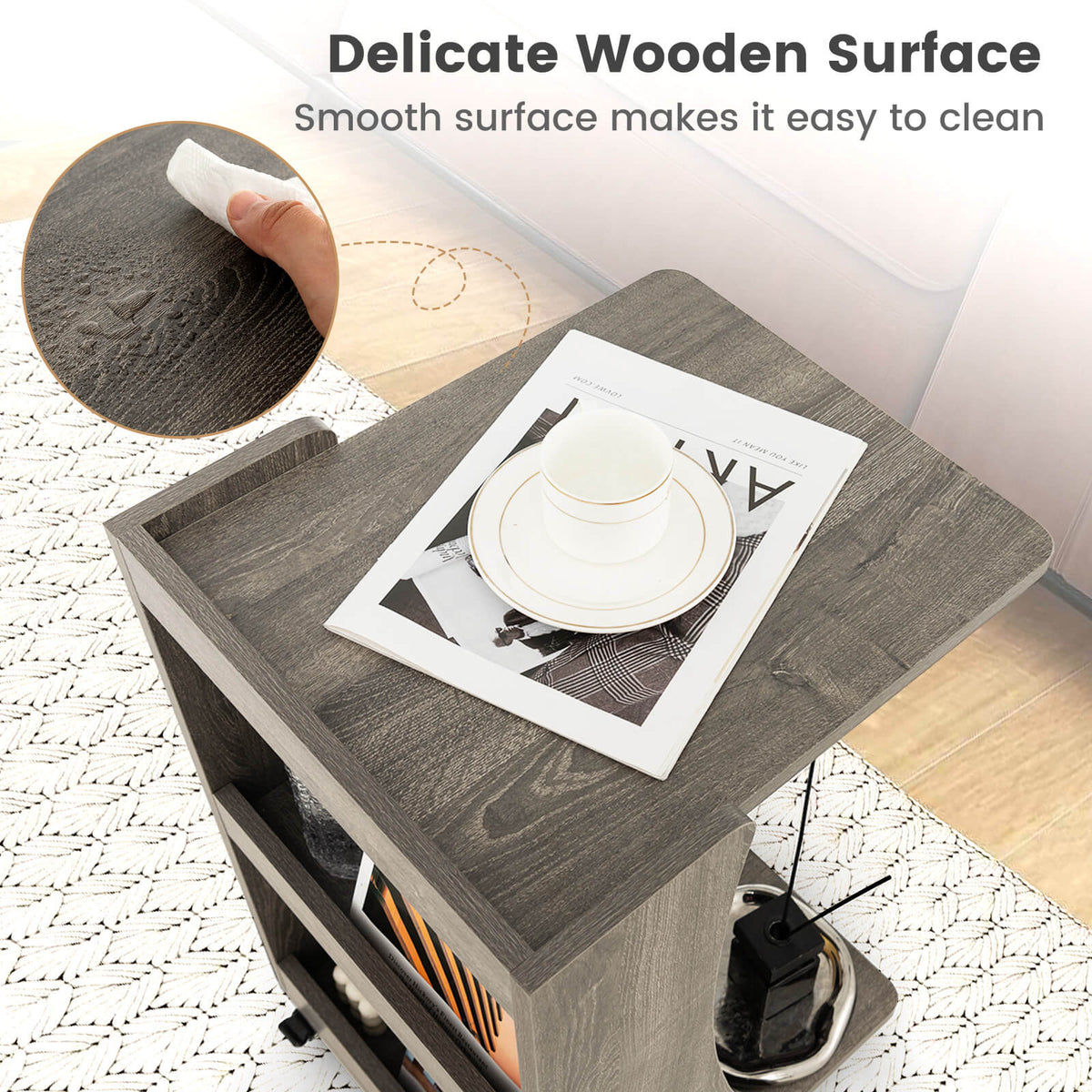 C-shaped Rolling End Side with Back Storage Shelves beside Sofa-Gray-End & Side Tables-DECOROLALA