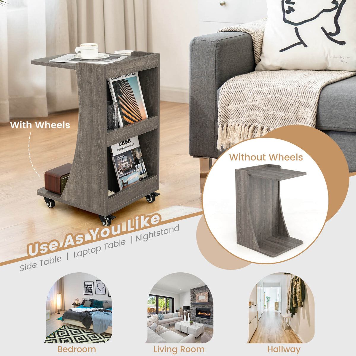 C-shaped Rolling End Side with Back Storage Shelves beside Sofa-Gray-End & Side Tables-DECOROLALA