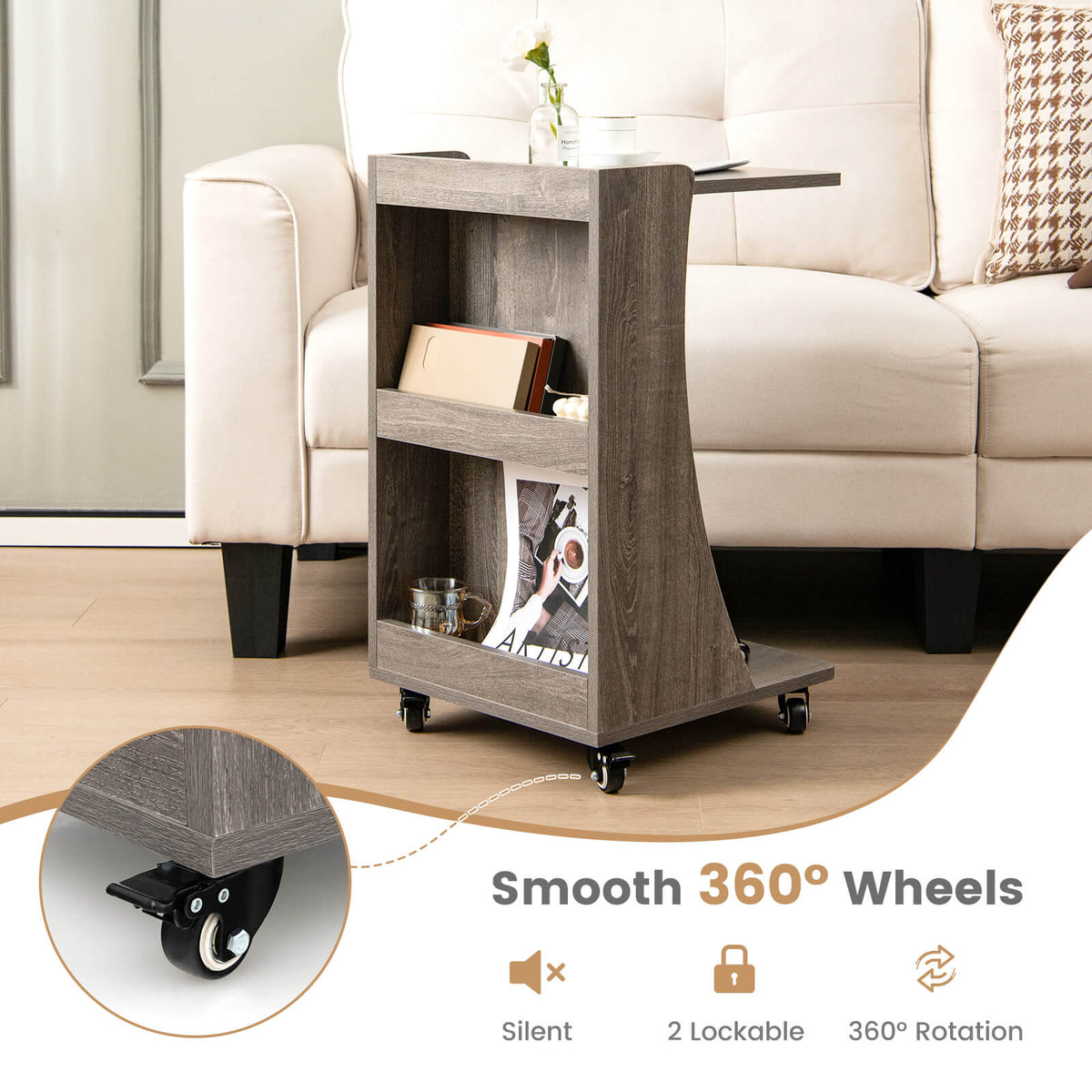 C-shaped Rolling End Side with Back Storage Shelves beside Sofa-Gray-End & Side Tables-DECOROLALA