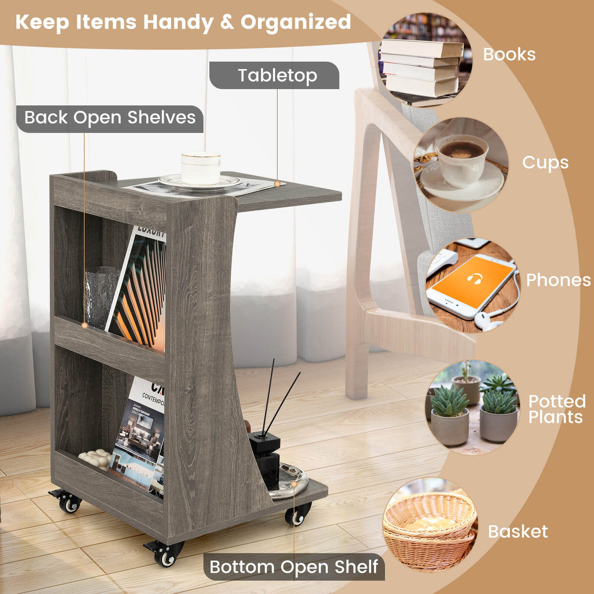 C-shaped Rolling End Side with Back Storage Shelves beside Sofa-Gray-End & Side Tables-DECOROLALA