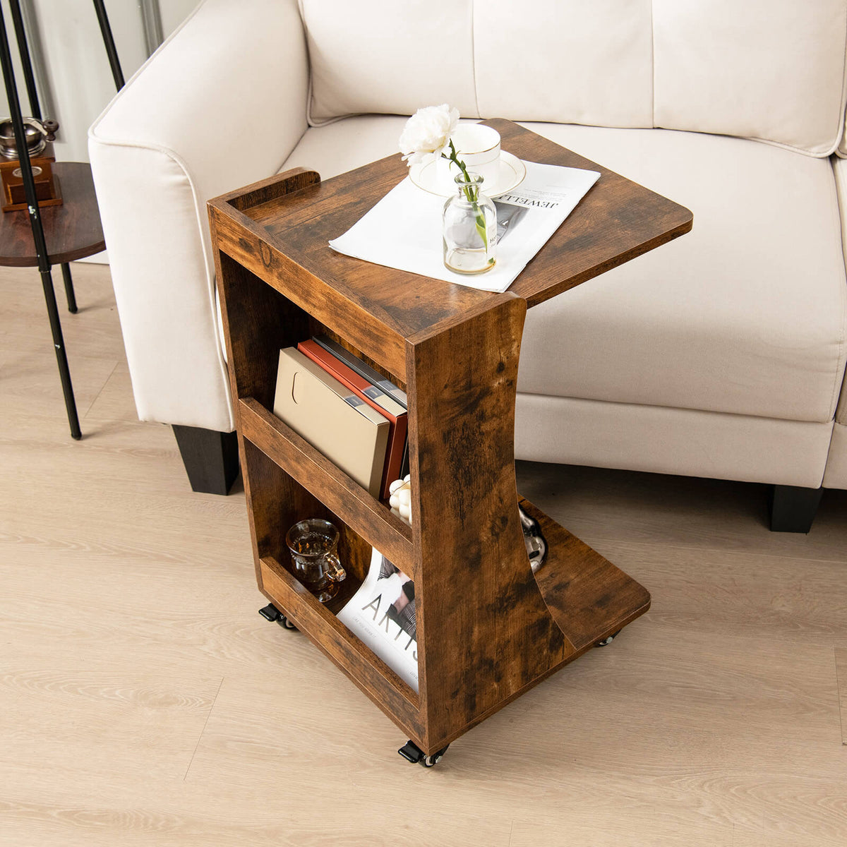 C-shaped Rolling End Side with Back Storage Shelves beside Sofa-Rustic Brown-End & Side Tables-DECOROLALA