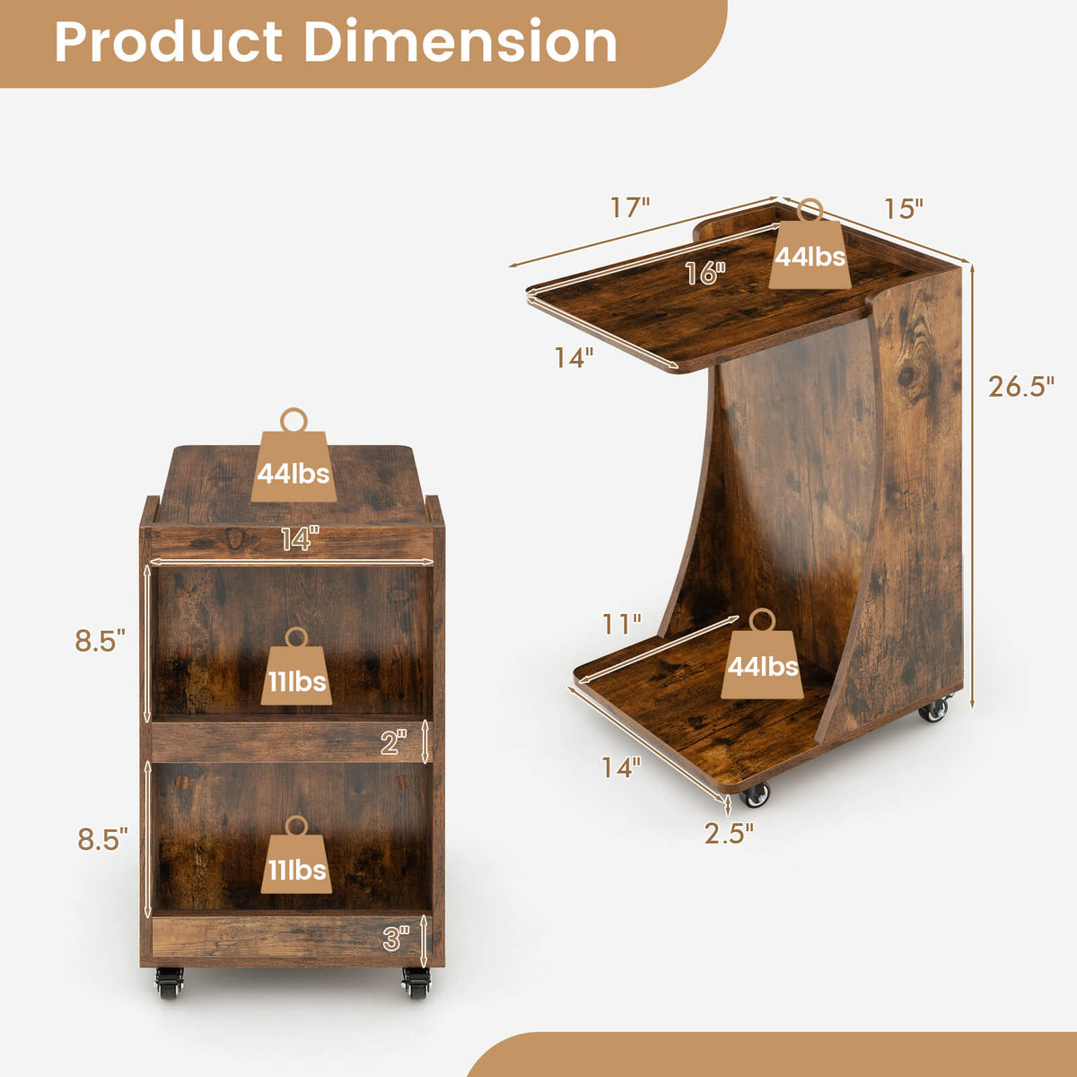 C-shaped Rolling End Side with Back Storage Shelves beside Sofa-Rustic Brown-End & Side Tables-DECOROLALA