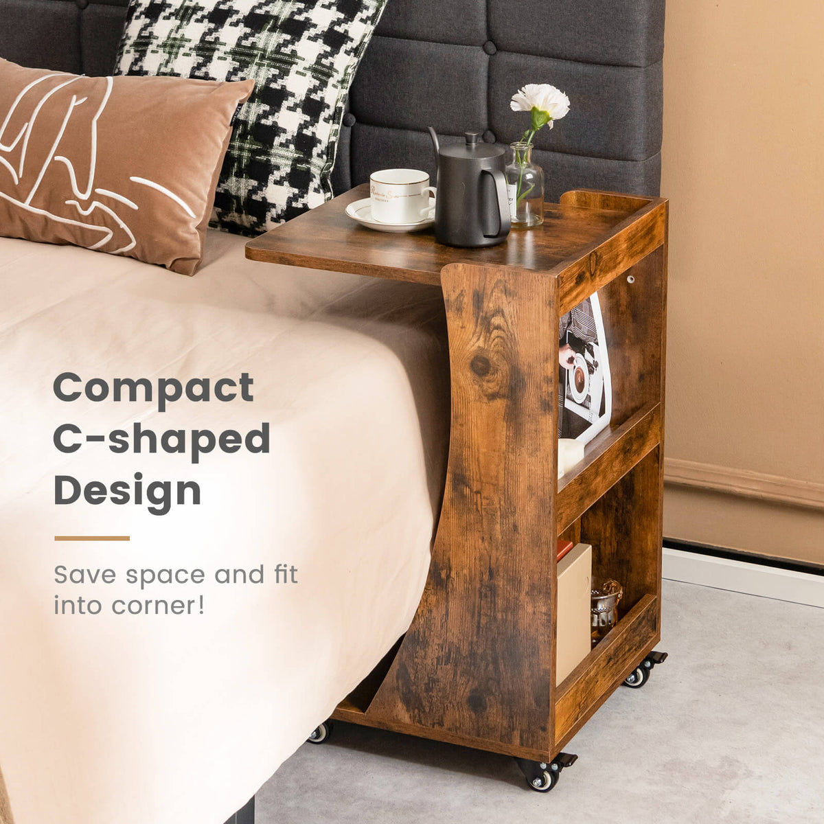 C-shaped Rolling End Side with Back Storage Shelves beside Sofa-Rustic Brown-End & Side Tables-DECOROLALA
