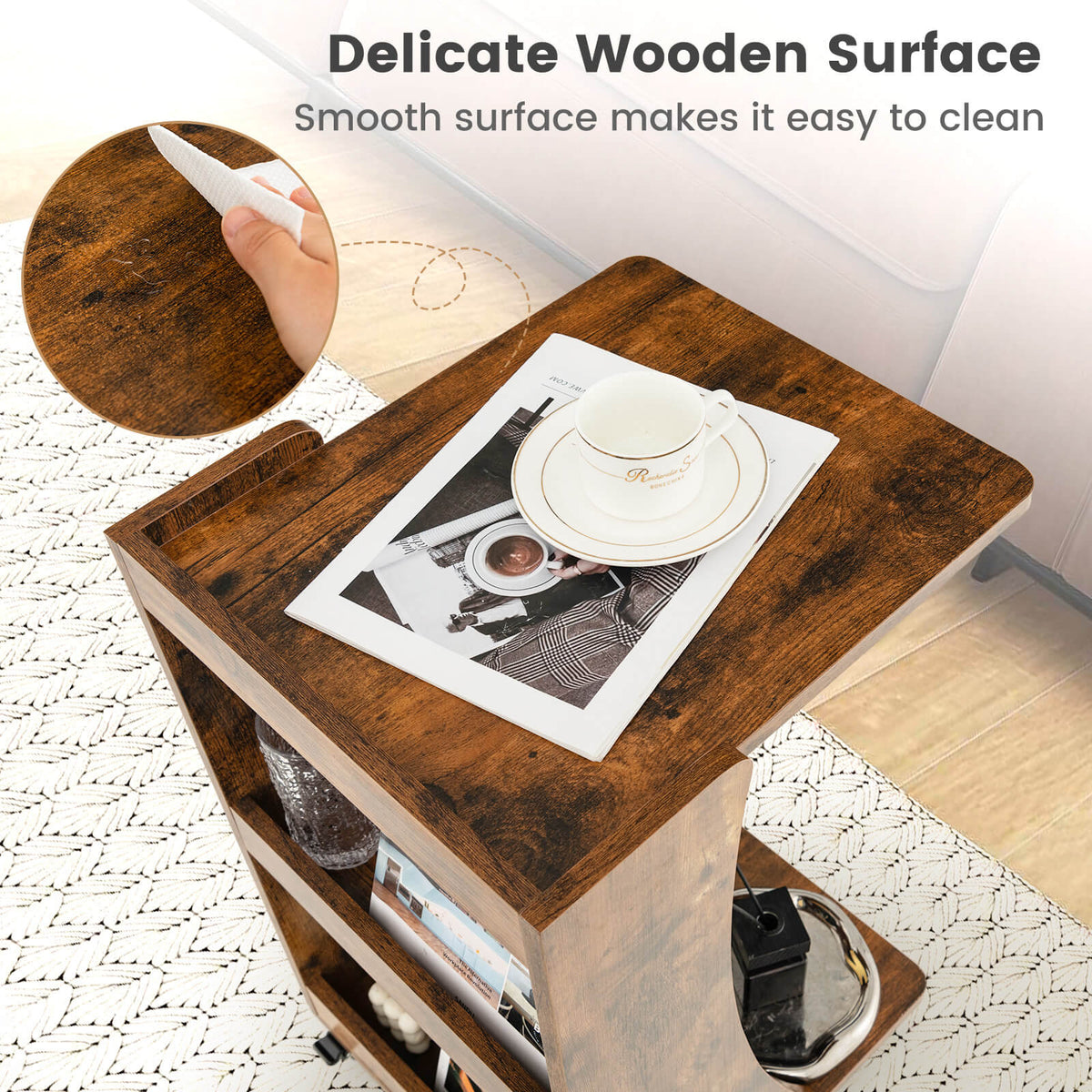 C-shaped Rolling End Side with Back Storage Shelves beside Sofa-Rustic Brown-End & Side Tables-DECOROLALA