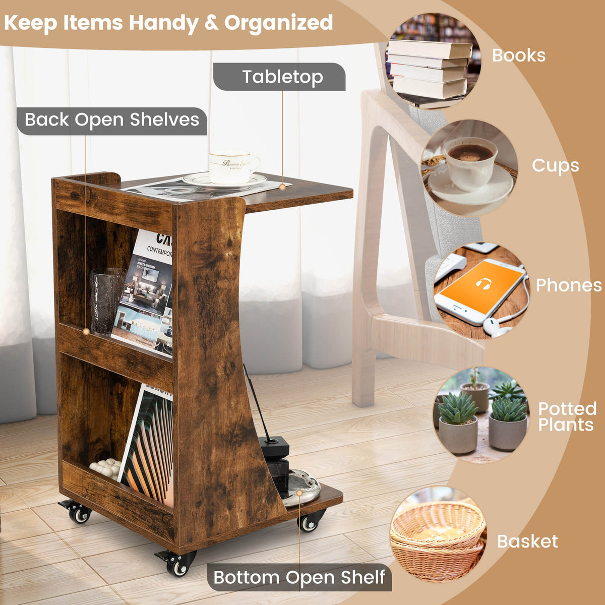 C-shaped Rolling End Side with Back Storage Shelves beside Sofa-Rustic Brown-End & Side Tables-DECOROLALA