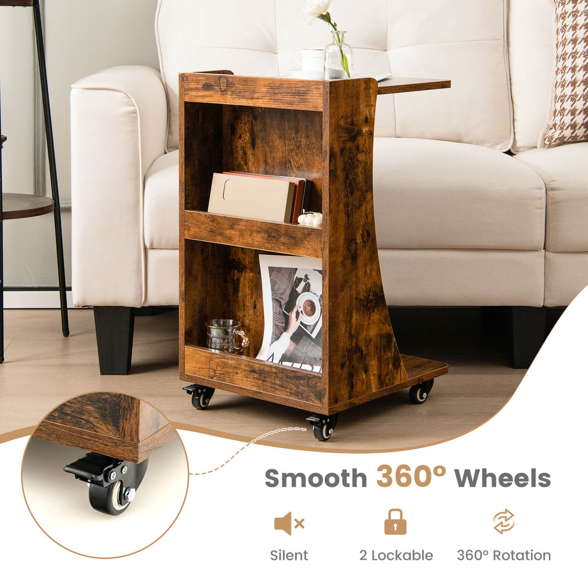 C-shaped Rolling End Side with Back Storage Shelves beside Sofa-Rustic Brown-End & Side Tables-DECOROLALA