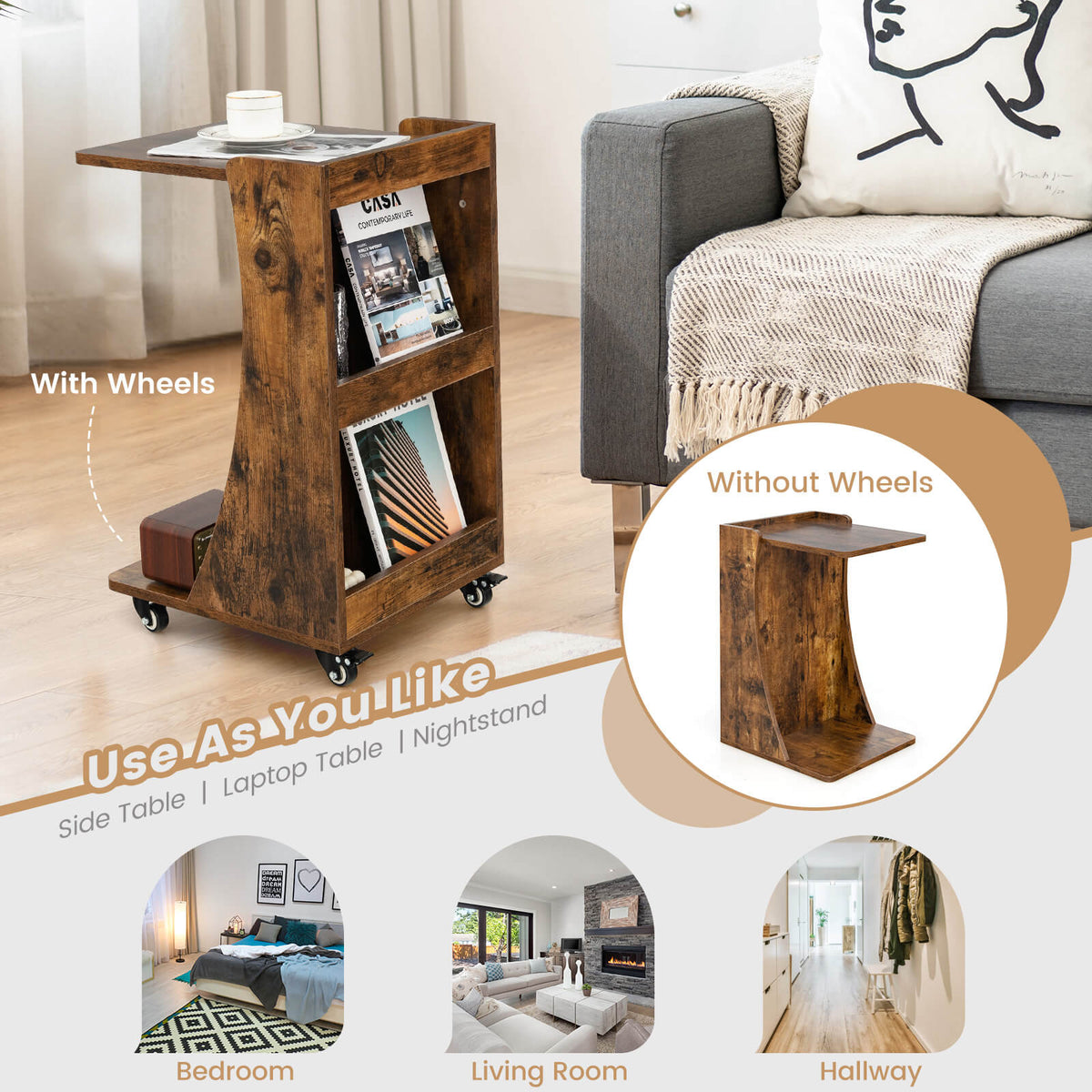 C-shaped Rolling End Side with Back Storage Shelves beside Sofa-Rustic Brown-End & Side Tables-DECOROLALA