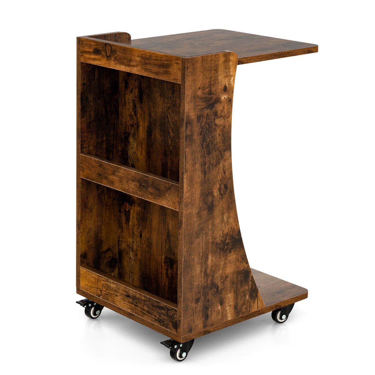 C-shaped Rolling End Side with Back Storage Shelves beside Sofa-Rustic Brown-End & Side Tables-DECOROLALA