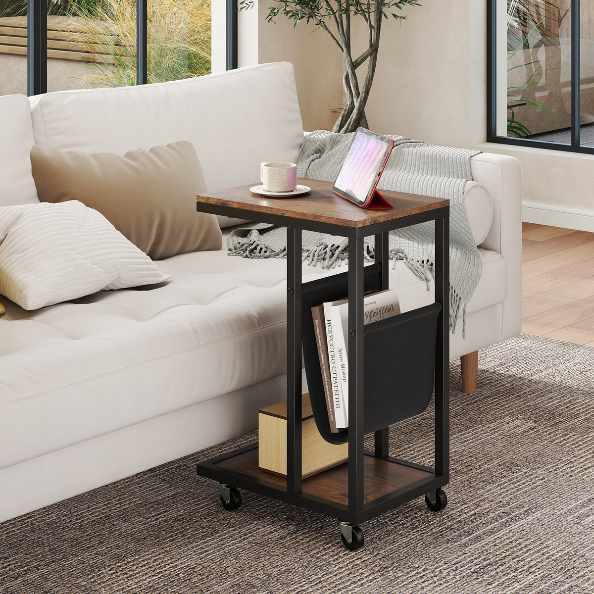 C-shaped Side Table with Canvas Storage Pouch and Metal Frame-Borwn-End & Side Tables-DECOROLALA