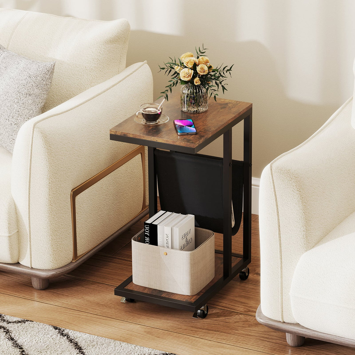 C-shaped Side Table with Canvas Storage Pouch and Metal Frame-Borwn-End & Side Tables-DECOROLALA