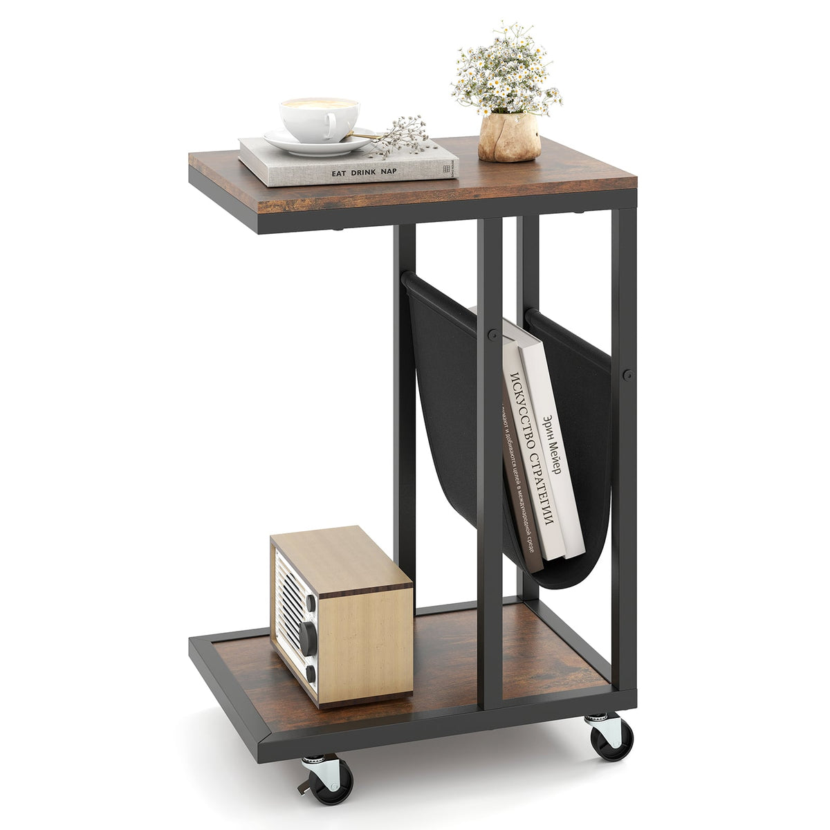 C-shaped Side Table with Canvas Storage Pouch and Metal Frame-Borwn-End & Side Tables-DECOROLALA