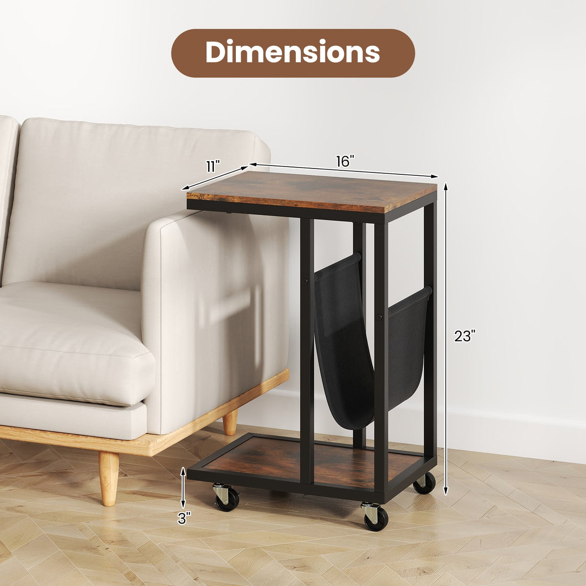 C-shaped Side Table with Canvas Storage Pouch and Metal Frame-Borwn-End & Side Tables-DECOROLALA