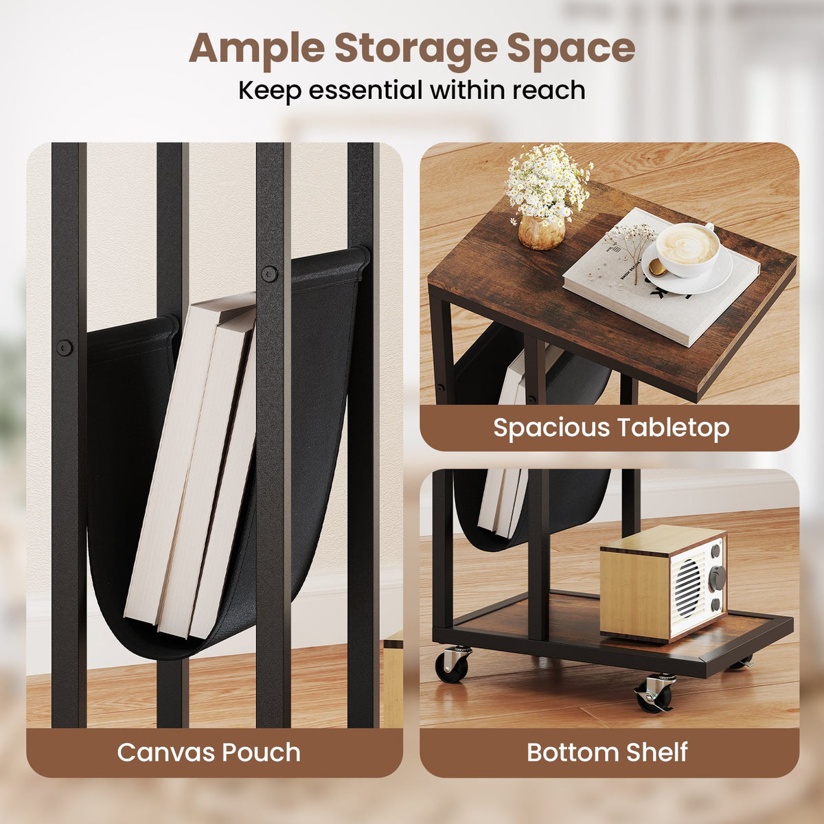C-shaped Side Table with Canvas Storage Pouch and Metal Frame-Borwn-End & Side Tables-DECOROLALA