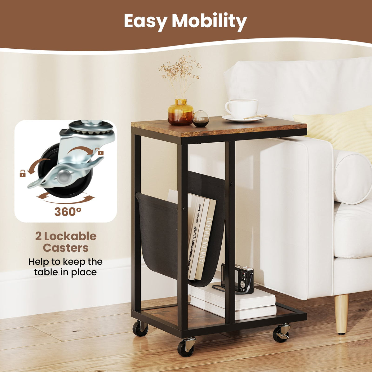 C-shaped Side Table with Canvas Storage Pouch and Metal Frame-Borwn-End & Side Tables-DECOROLALA