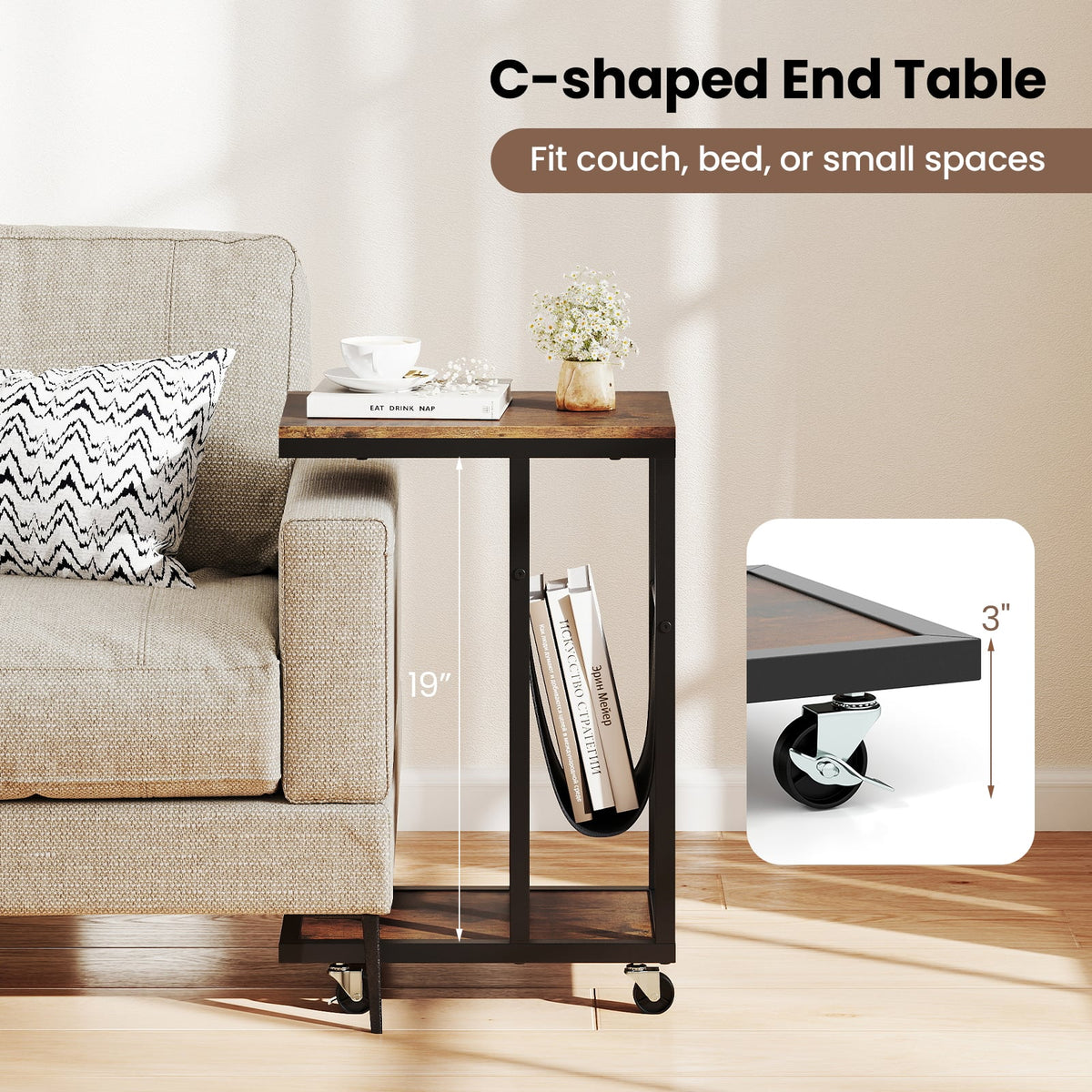 C-shaped Side Table with Canvas Storage Pouch and Metal Frame-Borwn-End & Side Tables-DECOROLALA