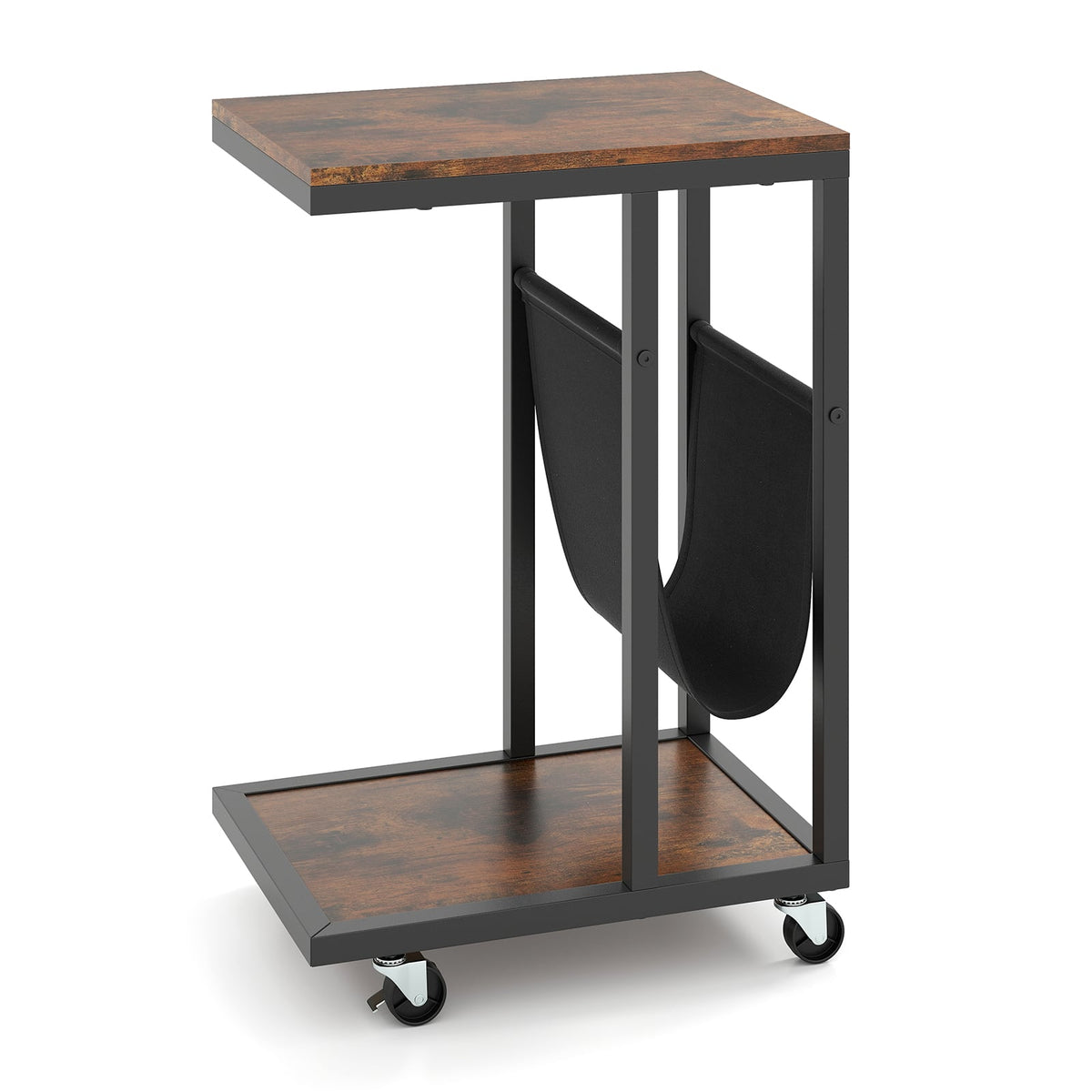 C-shaped Side Table with Canvas Storage Pouch and Metal Frame-Borwn-End & Side Tables-DECOROLALA