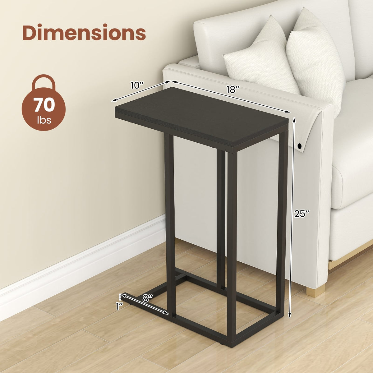 C-shaped Side Table with Heavy-duty Metal Frame-Black-End & Side Tables-DECOROLALA