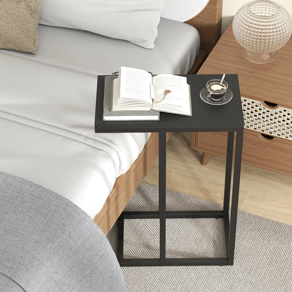 C-shaped Side Table with Heavy-duty Metal Frame-Black-End & Side Tables-DECOROLALA