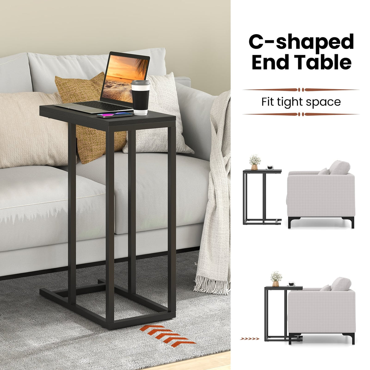 C-shaped Side Table with Heavy-duty Metal Frame-Black-End & Side Tables-DECOROLALA