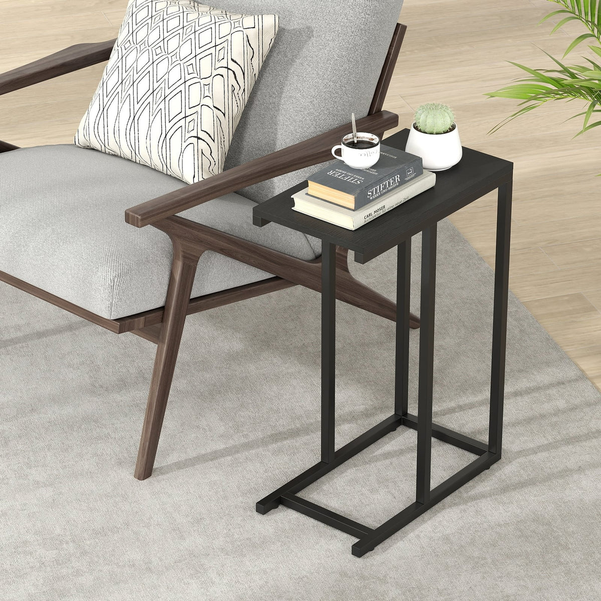 C-shaped Side Table with Heavy-duty Metal Frame-Black-End & Side Tables-DECOROLALA