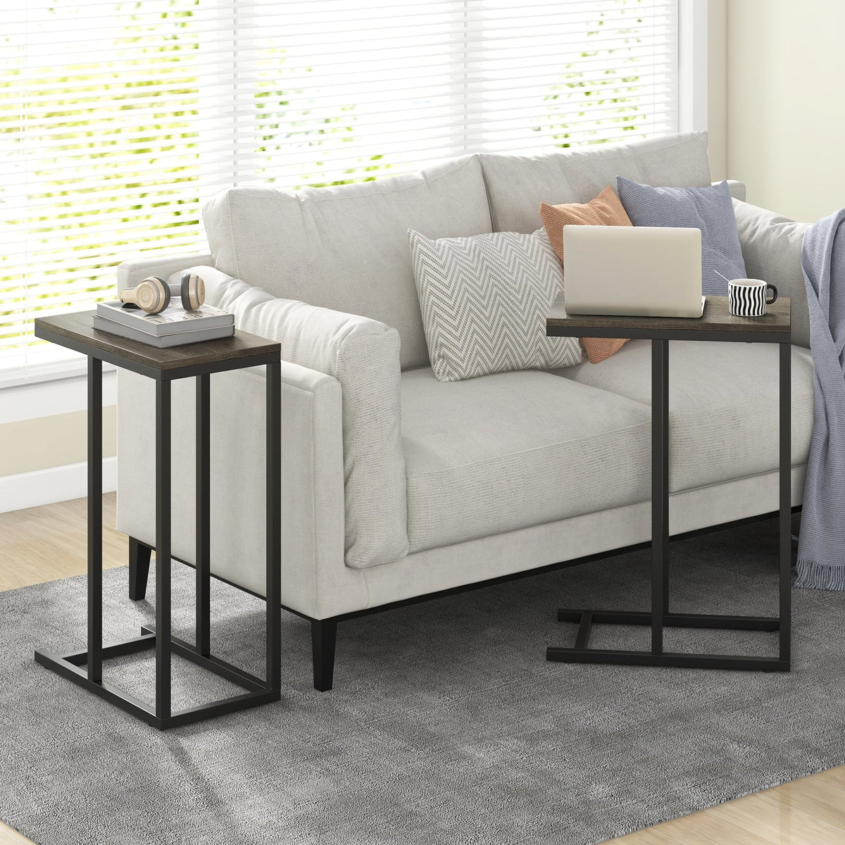 C-shaped Side Table with Heavy-duty Metal Frame-Oak-End & Side Tables-DECOROLALA