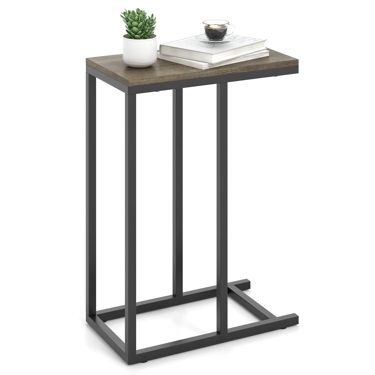 C-shaped Side Table with Heavy-duty Metal Frame-Oak-End & Side Tables-DECOROLALA