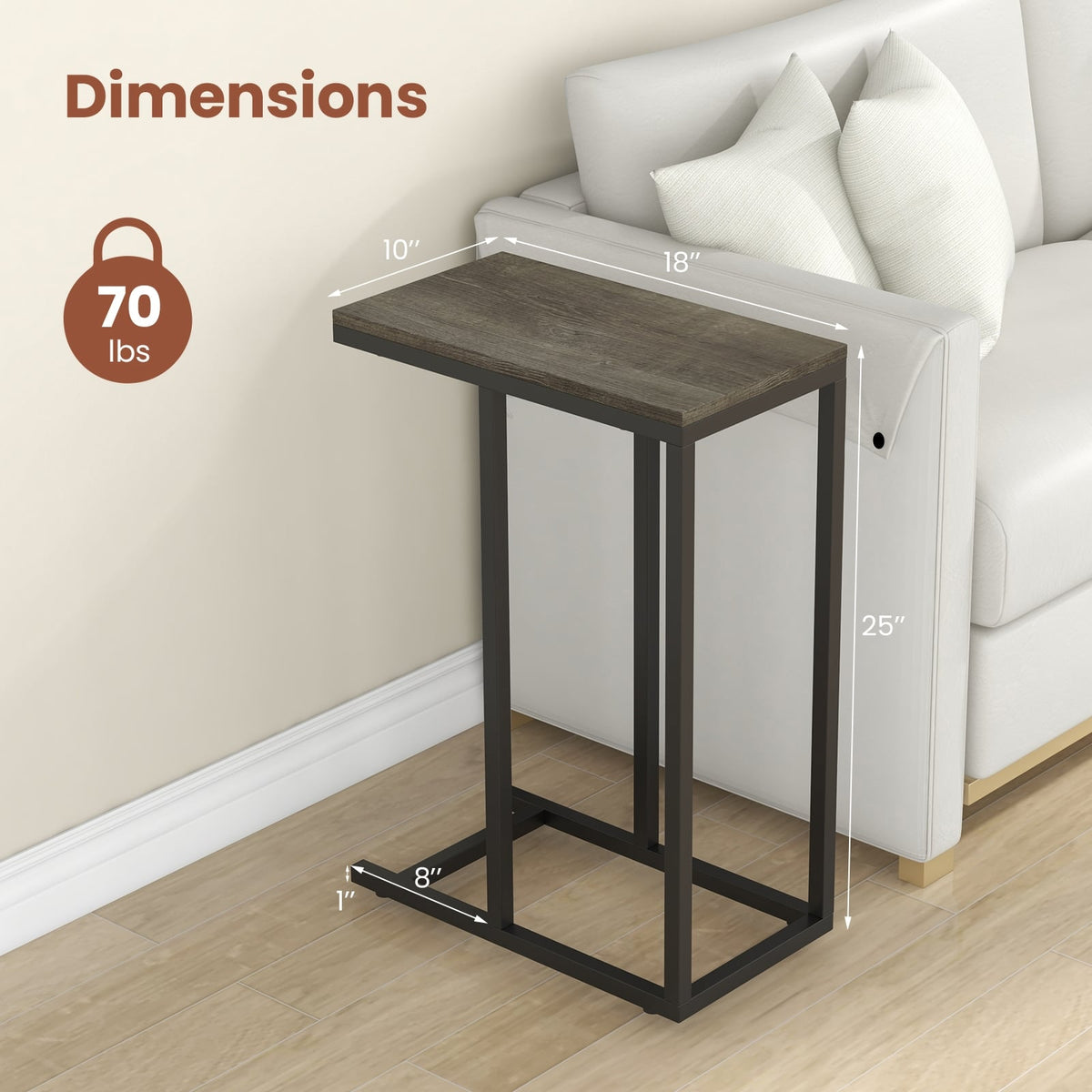 C-shaped Side Table with Heavy-duty Metal Frame-Oak-End & Side Tables-DECOROLALA