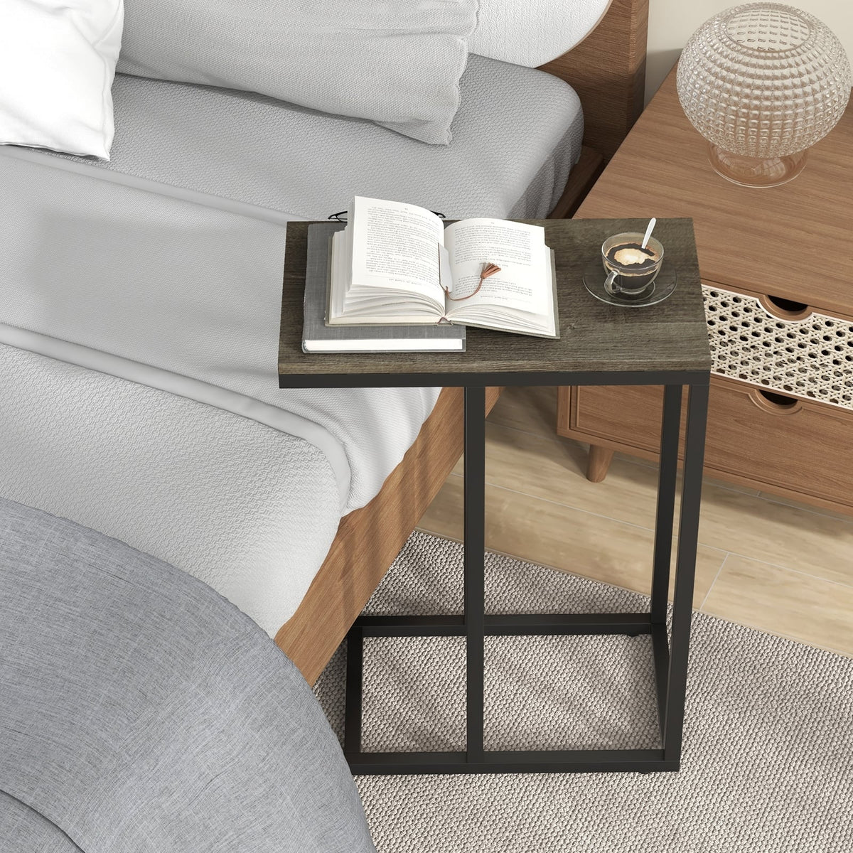 C-shaped Side Table with Heavy-duty Metal Frame-Oak-End & Side Tables-DECOROLALA