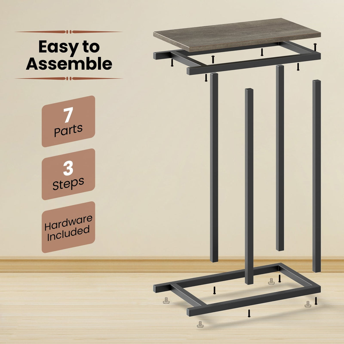 C-shaped Side Table with Heavy-duty Metal Frame-Oak-End & Side Tables-DECOROLALA