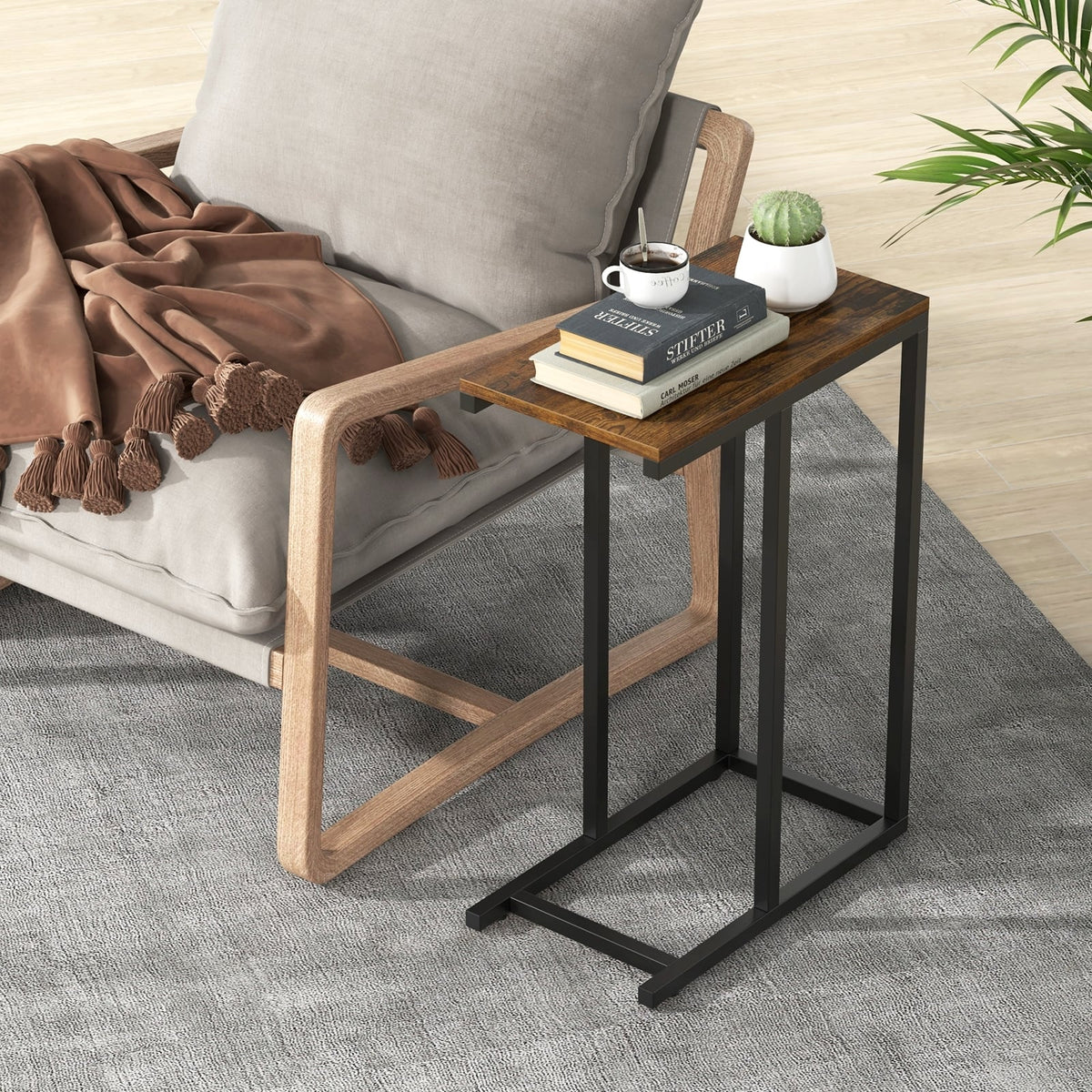 C-shaped Side Table with Heavy-duty Metal Frame-Rustic Brown-End & Side Tables-DECOROLALA