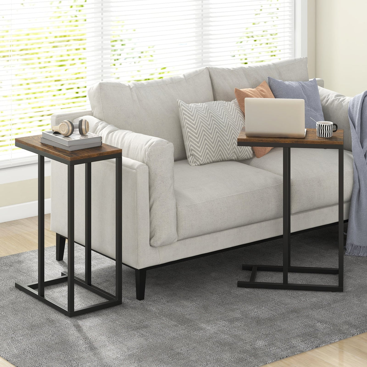 C-shaped Side Table with Heavy-duty Metal Frame-Rustic Brown-End & Side Tables-DECOROLALA