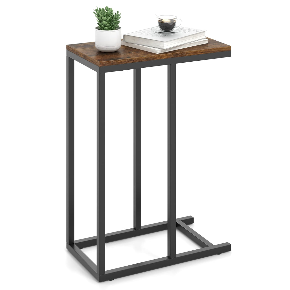 C-shaped Side Table with Heavy-duty Metal Frame-Rustic Brown-End & Side Tables-DECOROLALA