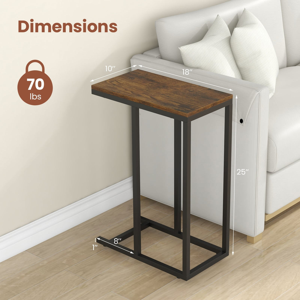 C-shaped Side Table with Heavy-duty Metal Frame-Rustic Brown-End & Side Tables-DECOROLALA