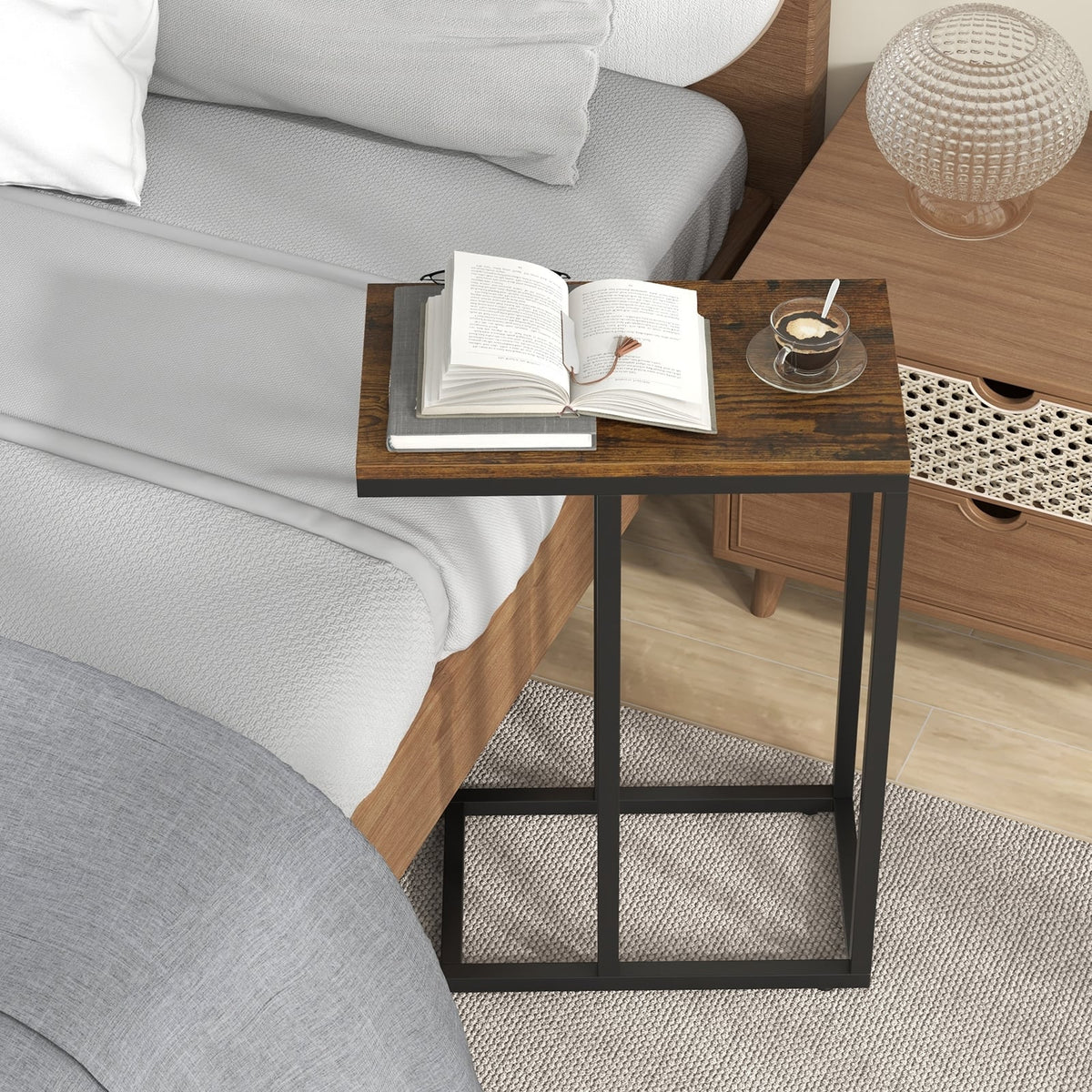 C-shaped Side Table with Heavy-duty Metal Frame-Rustic Brown-End & Side Tables-DECOROLALA
