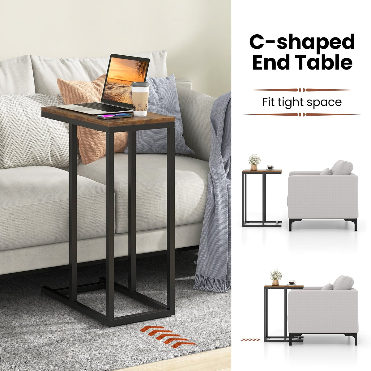 C-shaped Side Table with Heavy-duty Metal Frame-Rustic Brown-End & Side Tables-DECOROLALA