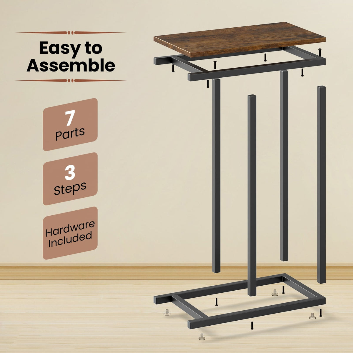 C-shaped Side Table with Heavy-duty Metal Frame-Rustic Brown-End & Side Tables-DECOROLALA
