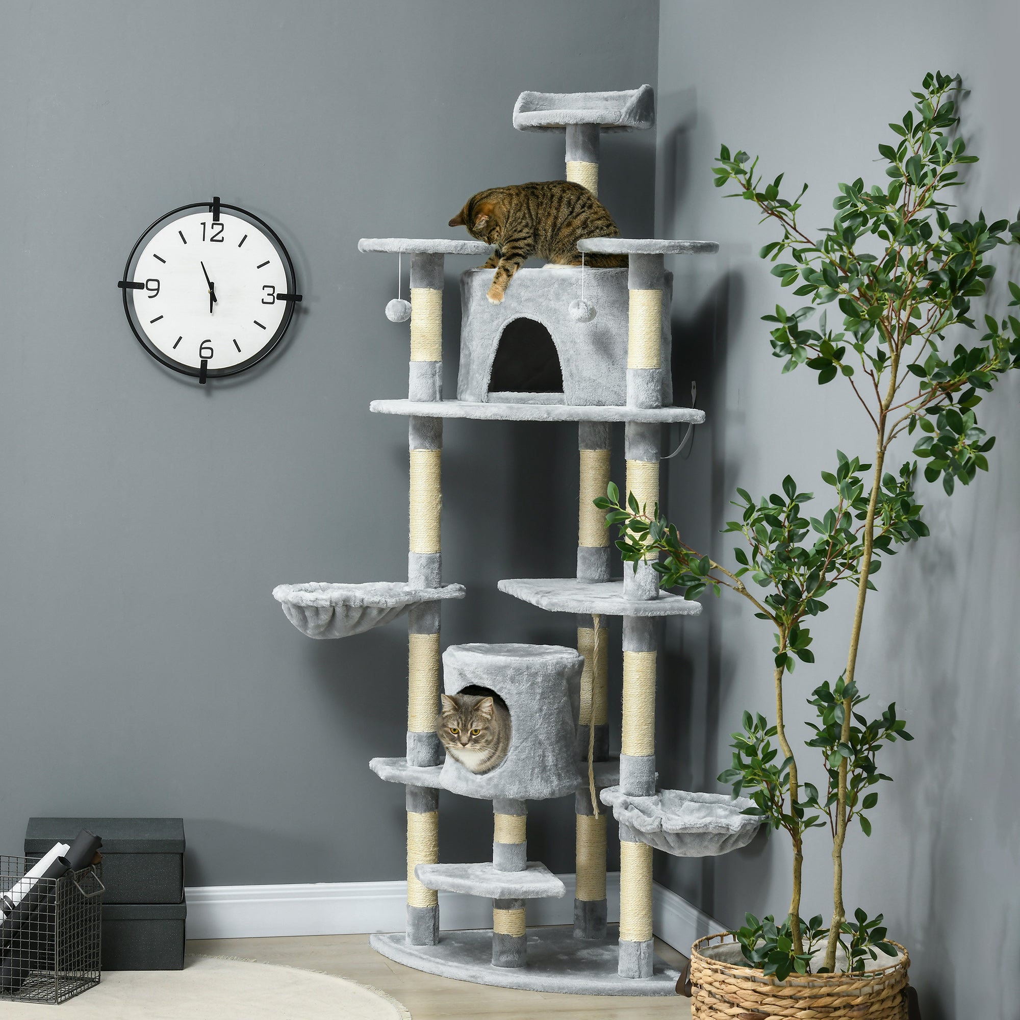 Arbre condo pour chaton de 79" avec griffoir, centre d’activités et jouets, gris clair