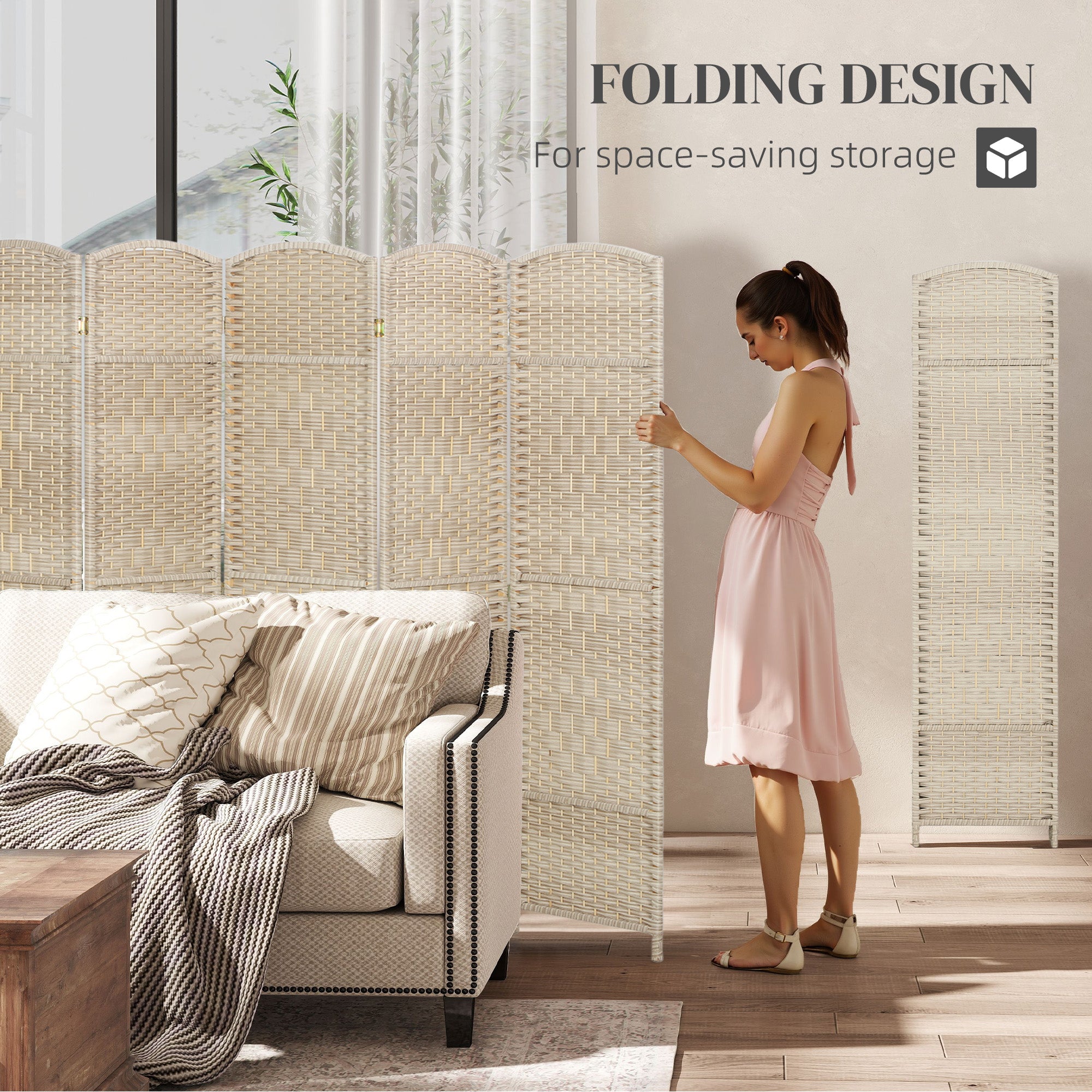 6 Ft Tall Folding Room Divider, 6 Panel Portable Privacy Screen, Hand-Woven Partition Wall Divider, Light Oak