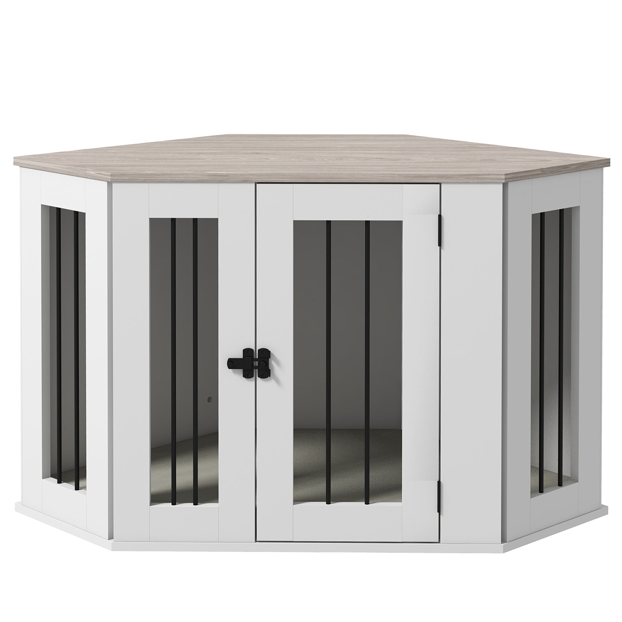 Dog Crate Furniture with Cushion, 41 Inch Corner Design Dog Crate End Table for Medium Dogs, Multi Colour-Dogs-DECOROLALA