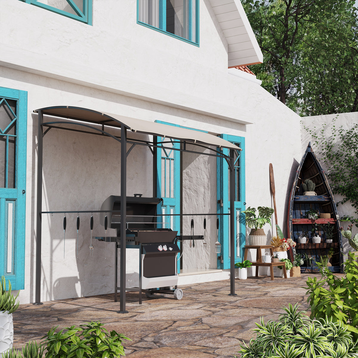 7' x 5' BBQ Grill Gazebo - Beige Steel Frame Canopy