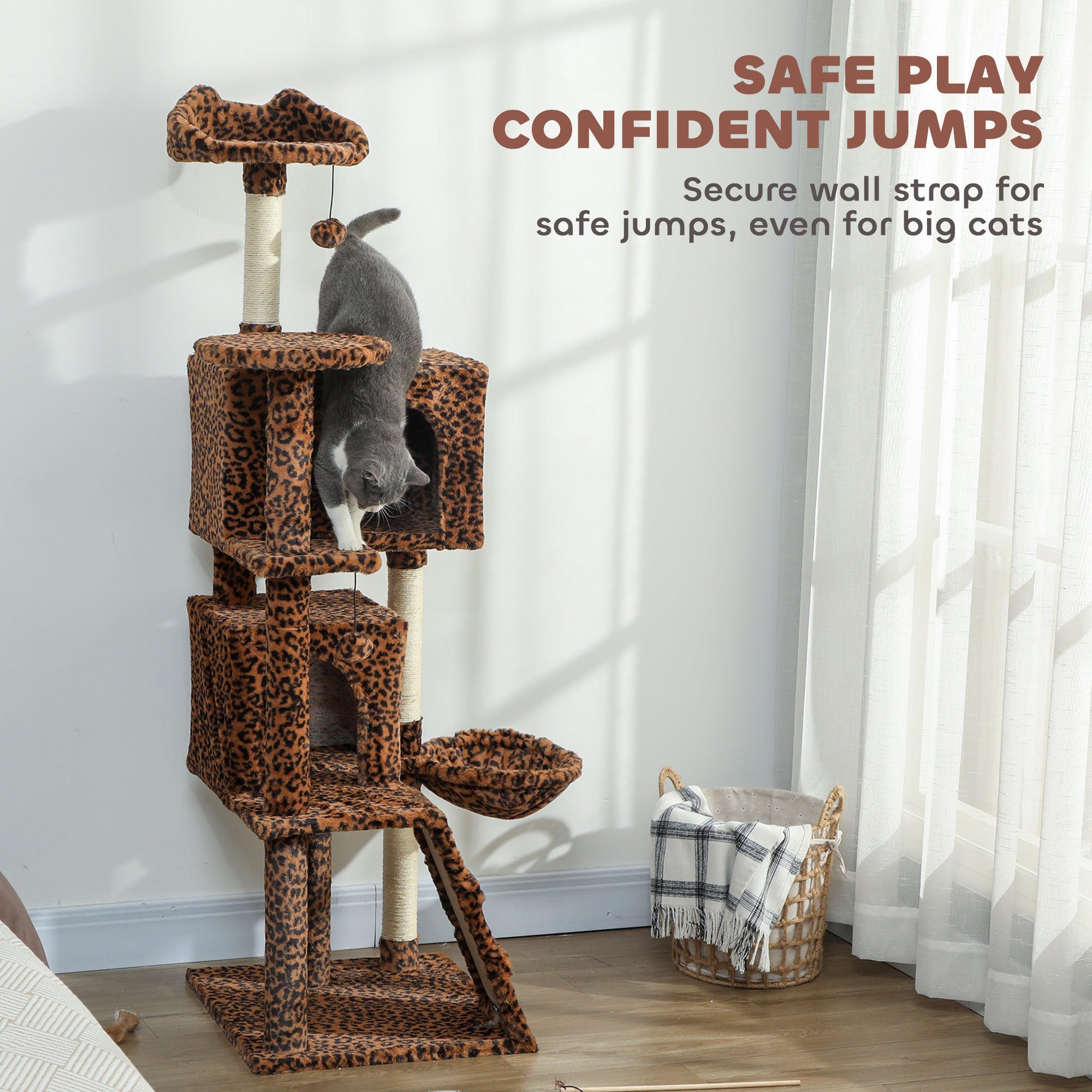 63 Inch Cat Tree with Sisal Scratching Posts, Condos, Plush Perches, Hammock, Ladder, Dangling Balls, Leopard Print