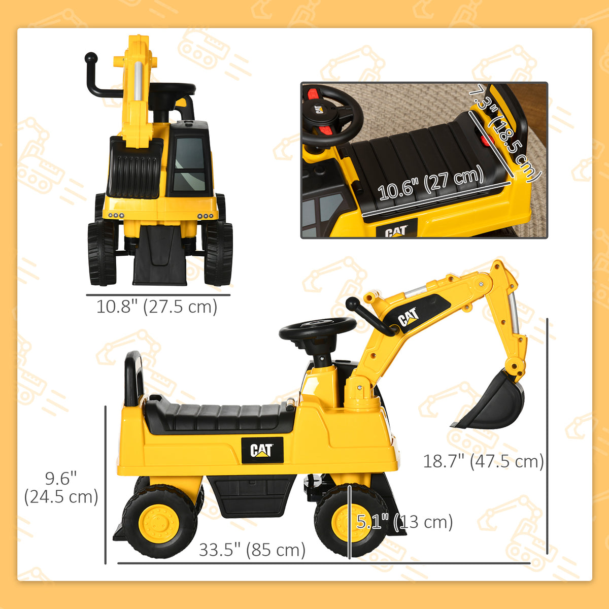 Kids Excavator Ride on Toy CAT Licensed with Manual Shovel, Horn, Hidden Storage for 18-36 Months, Yellow-Toys & Games > Baby & Toddler Toys > Riding & Rocking Toys > Toy Excavators-DECOROLALA