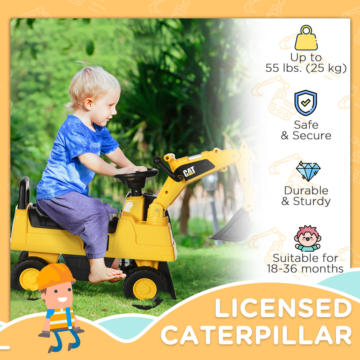 Kids Excavator Ride on Toy CAT Licensed with Manual Shovel, Horn, Hidden Storage for 18-36 Months, Yellow-Toys & Games > Baby & Toddler Toys > Riding & Rocking Toys > Toy Excavators-DECOROLALA