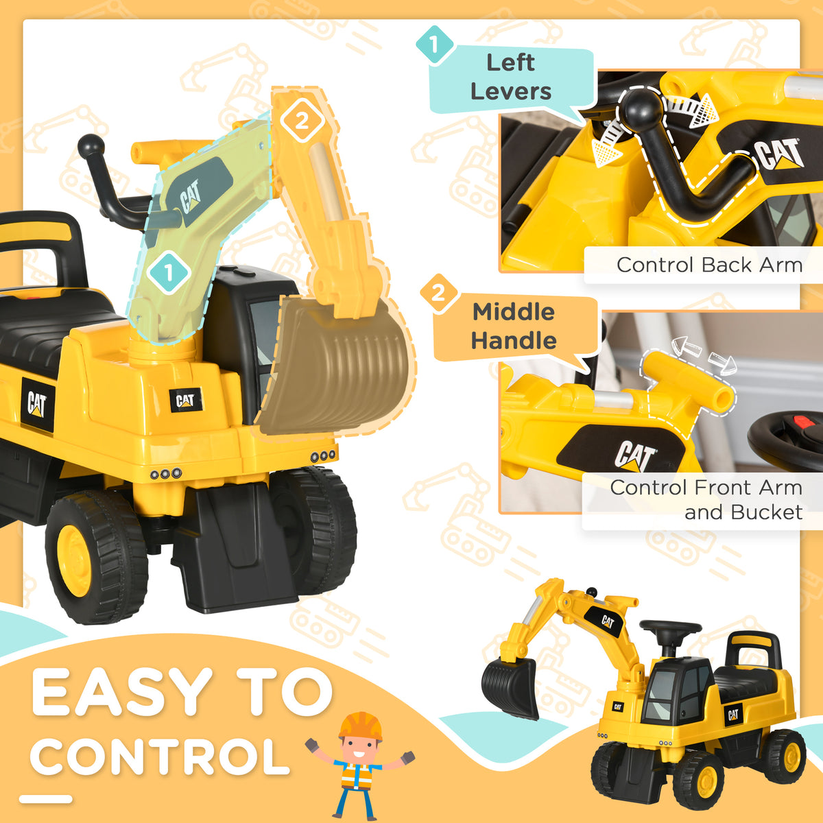 Kids Excavator Ride on Toy CAT Licensed with Manual Shovel, Horn, Hidden Storage for 18-36 Months, Yellow-Toys & Games > Baby & Toddler Toys > Riding & Rocking Toys > Toy Excavators-DECOROLALA