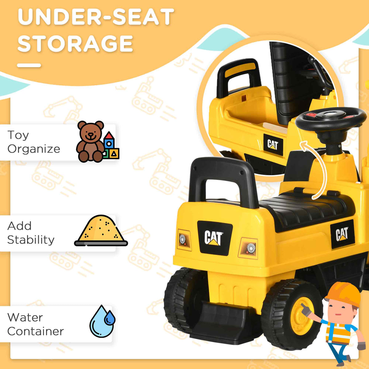Kids Excavator Ride on Toy CAT Licensed with Manual Shovel, Horn, Hidden Storage for 18-36 Months, Yellow-Toys & Games > Baby & Toddler Toys > Riding & Rocking Toys > Toy Excavators-DECOROLALA