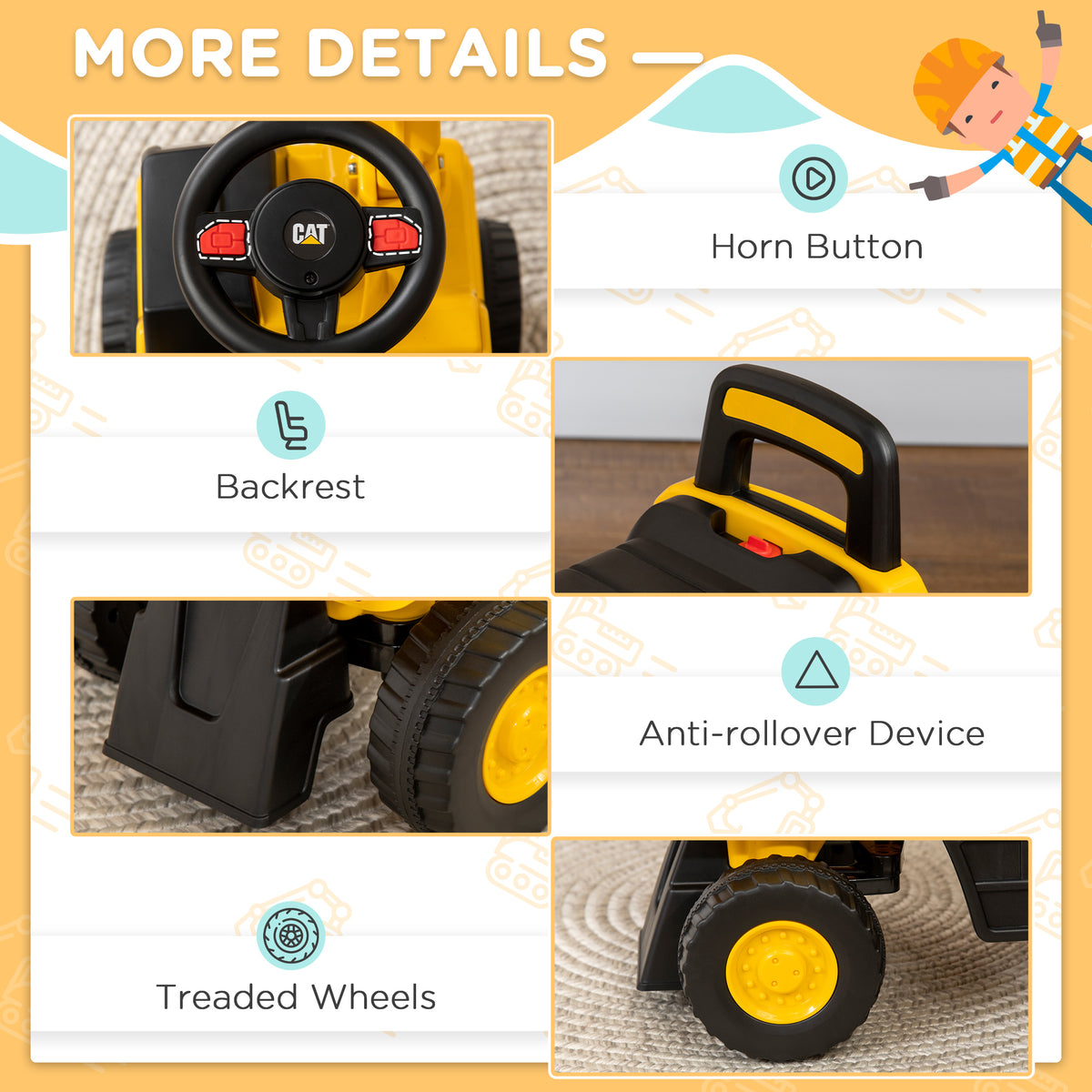 Kids Excavator Ride on Toy CAT Licensed with Manual Shovel, Horn, Hidden Storage for 18-36 Months, Yellow-Toys & Games > Baby & Toddler Toys > Riding & Rocking Toys > Toy Excavators-DECOROLALA