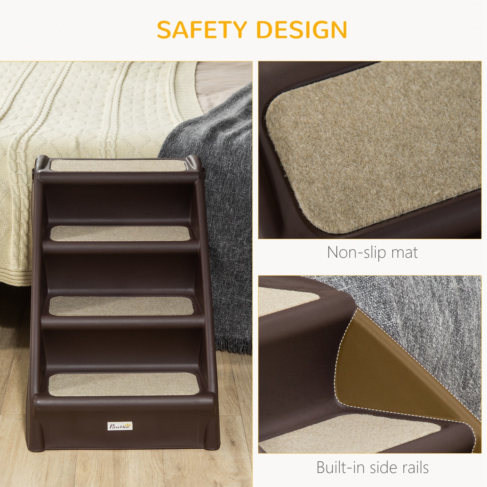 Escalier portable pour animaux à 4 niveaux, rampe pliable pour chiens, marches légères pour chats, avec tapis souples antidérapants, pour lit haut et canapé, jusqu’à 20 kg, brun foncé