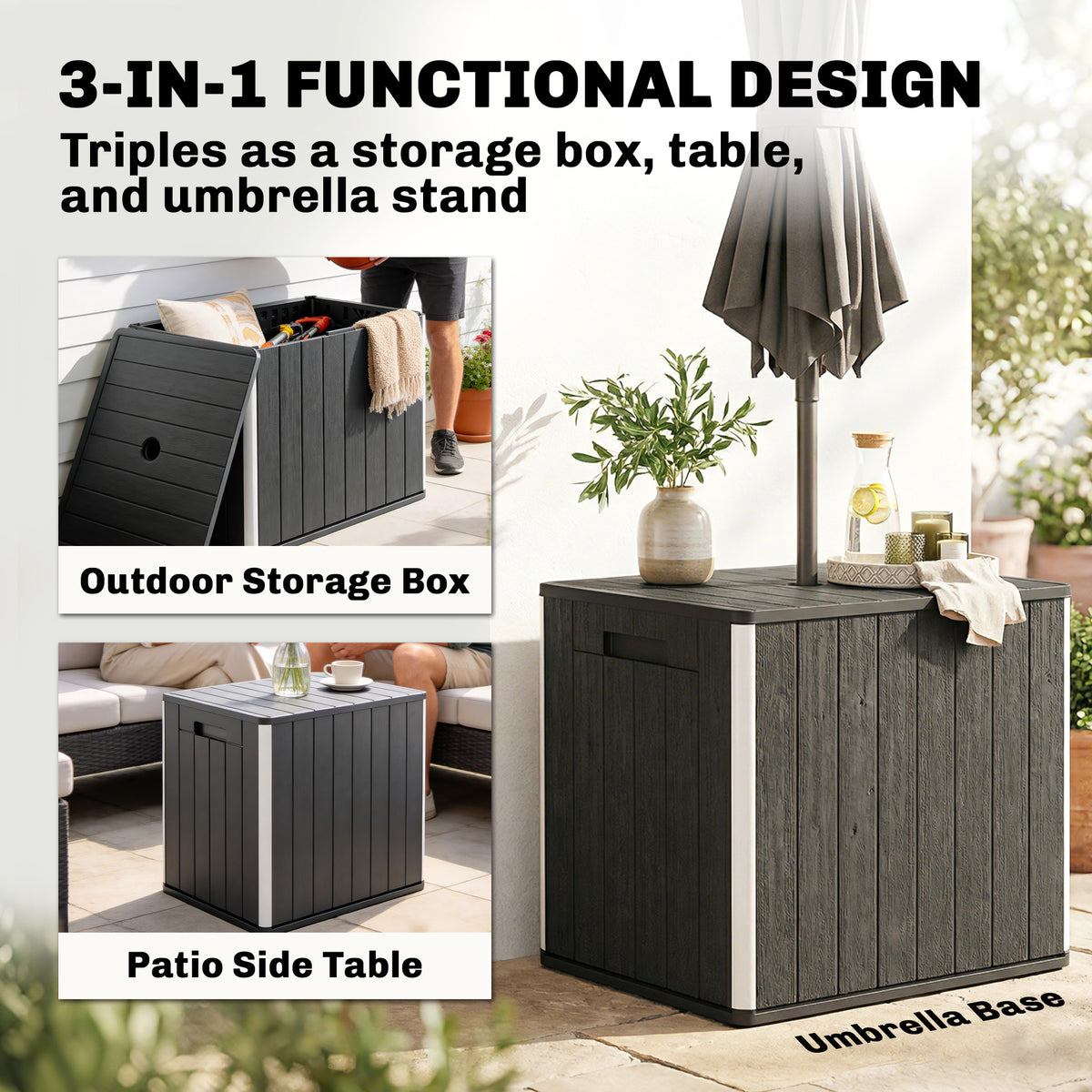 30 Gallon Outdoor Storage Box & Side Table with Umbrella Holder